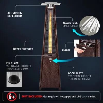 Breaks down the heater's physical components and materials so shoppers understand its build quality. Highlights the durable stainless steel plates and glass tube construction.