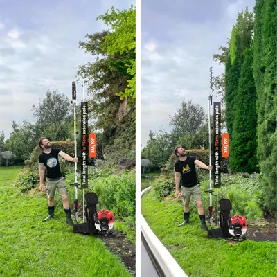 Shows the full reach of the pole with a man of known height as scale so shoppers can judge the physical size.