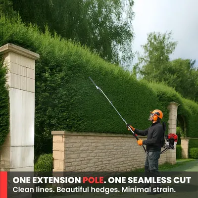 Shows the pole hedge trimmer being used for tall hedges, suggesting its versatility for hedge care. Communicates that one extension pole gives clean, effortless hedge cuts.