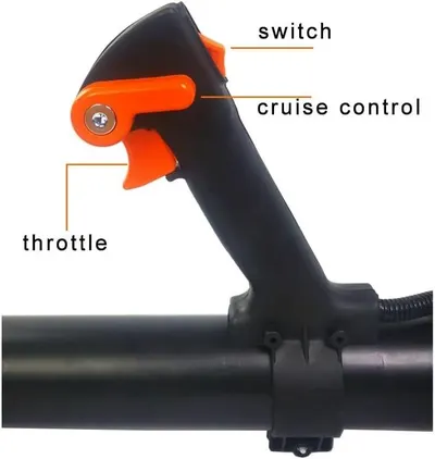 Labels the handle controls so shoppers understand the switch, cruise control, and throttle components. Highlights the cruise control feature for comfortable extended use.