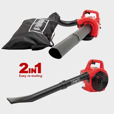 Shows the tool with its bag and tube attachments to illustrate how it switches between blower and vacuum setups.