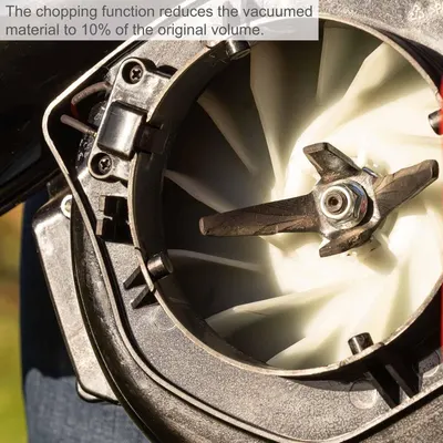 Shows the internal chopping blade to prove the shredding function reduces collected material to 10 percent of its volume. Communicates that the chopping function greatly reduces debris volume for…