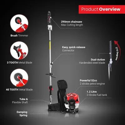 Shows the physical components and attachments included with the backpack pole tool so shoppers understand what the product is made of. Shows the range of…