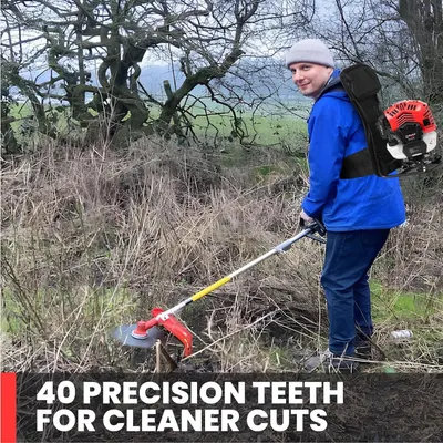 Highlights the 40 tooth blade delivering cleaner cuts when clearing rough brush.