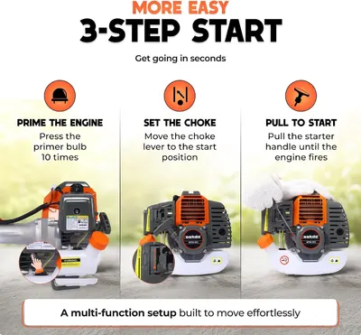 Walks shoppers through a simple three-step starting process to show the engine is easy to start. Segmented steps also reinforce the benefit of quick, effortless startup.