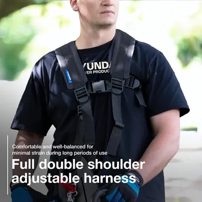 Shows the adjustable double shoulder harness and reassures shoppers it is comfortable and reduces strain during long use.