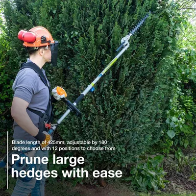 Shows the 425mm blade reaching tall hedges and communicates easy pruning with adjustable blade positions. States the blade length to show the physical cutting size of the hedge trimmer attachment.