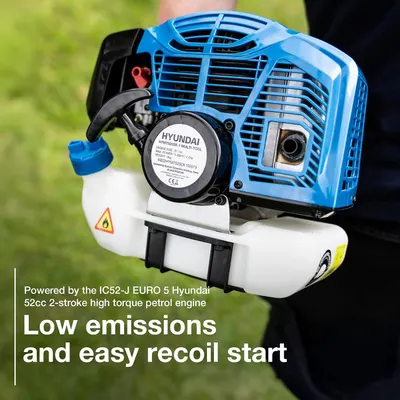 Highlights the Euro 5 low emission 52cc engine and easy recoil start for hassle-free starting.