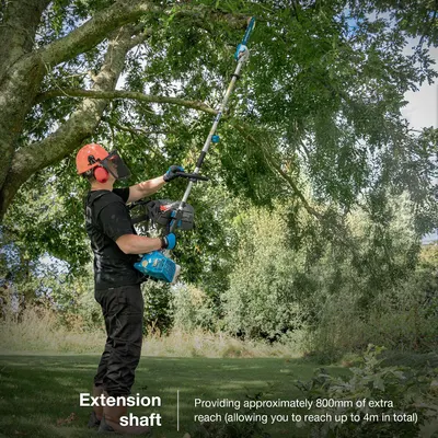 Shows the extension shaft reaching high branches and communicates approximately 4m total reach. States the added length of the extension shaft to show its physical reach dimension.