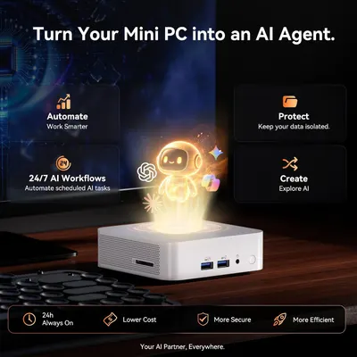 Positions the mini PC as a 24/7 AI assistant that automates tasks while keeping data secure. Highlights several AI-related advantages in segmented panels for shoppers considering AI use.