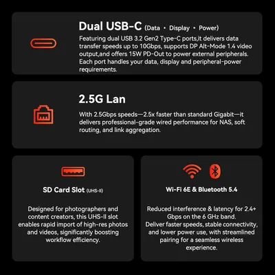 Lists connectivity features in segmented panels so shoppers can confirm the ports and wireless support they need.