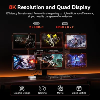 Shows the machine driving multiple high-resolution displays for demanding visual work and gaming. Demonstrates the PC being used across several creative and entertainment scenarios.