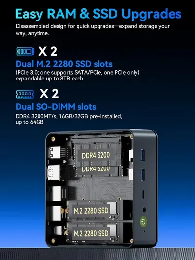 Highlights the upgradeable design with two SSD slots and two RAM slots so shoppers know they can expand later. Shows the internal layout of the chassis to prove the components are accessible for…