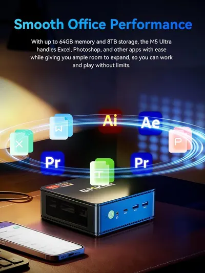 Shows the mini PC running many office and creative apps, reassuring shoppers it handles everyday and professional workloads. Reinforces that the PC delivers smooth performance with ample memory and…