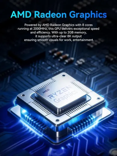 Communicates that the integrated AMD Radeon GPU delivers smooth visuals and 8K output through one clear graphics message. Highlights the GPU clock speed and memory figures as proof of graphics…