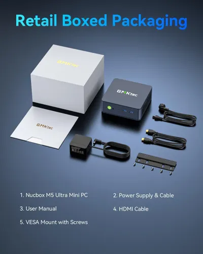 Shows the retail box and everything included, establishing the GMKtec brand and product package. Lists every item the buyer receives in the box so shoppers know what is included.