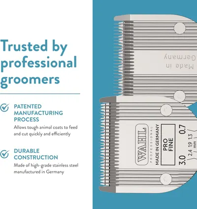 Uses professional groomer trust and manufacturing credentials to build confidence in the blade's quality and durability.
