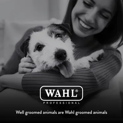 Reinforces the Wahl brand with an emotional tagline about groomed pets and a happy owner moment.