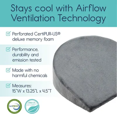 Reassures shoppers the foam stays cool and is certified, tested, and free of harmful chemicals. Shows certifications and harmlessness claims so shoppers trust the foam is safe.