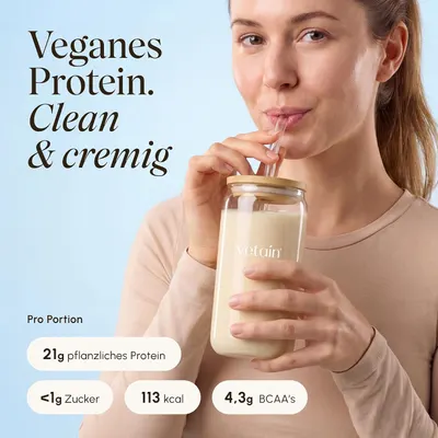Highlights bold per-serving nutrition stats showing high plant protein and low sugar and calories to reassure shoppers of the product's nutritional value.…