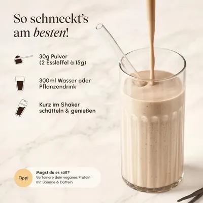 Shows the simple preparation steps and a delicious serving idea so shoppers know how easy and tasty the protein shake is to make. Gives a quick three-step…