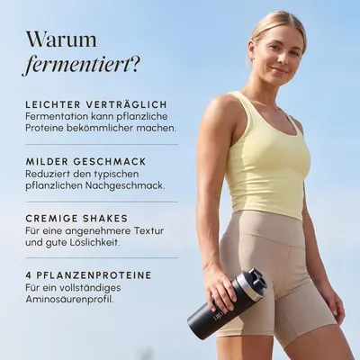 Segments four distinct benefits of the fermented plant protein formula so shoppers quickly see why it is gentler, tastier, creamier and nutritionally complete. Shows a fit woman holding a shaker…
