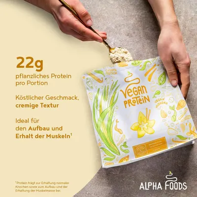 Highlights the 22g protein per serving figure to show strong muscle-support value. Communicates that the powder tastes good and supports muscle building and maintenance.