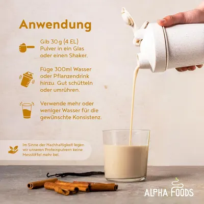 Explains the three simple steps to prepare the shake with clear serving instructions. Shows the drink is quick to make and that no scoop is included for sustainability.