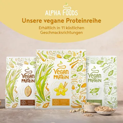 Showcases the Alpha Foods vegan protein product line and its 11 flavour options.