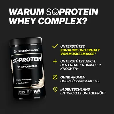 Lists several selling points in segmented blocks with checkmarks and icons so shoppers quickly see why SoProtein Whey Complex is a strong choice.