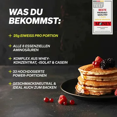 Lists several key benefits of the protein powder, including protein content, amino acid profile, blend quality, serving count, and versatility for baking. Uses a German consumer test award badge to…