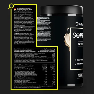 A zoomed magnifier callout directs shoppers to the product label showing ingredients, preparation, and nutrition facts so they can verify what the powder contains. Shows the SoProtein Whey Complex…