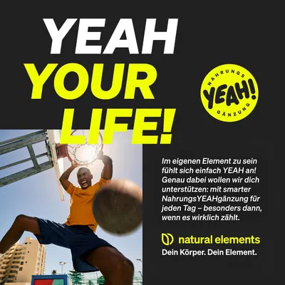 Builds brand identity by pairing the YEAH YOUR LIFE slogan and natural elements tagline with an energetic athletic photo to position the brand around active living. Communicates that the supplement…