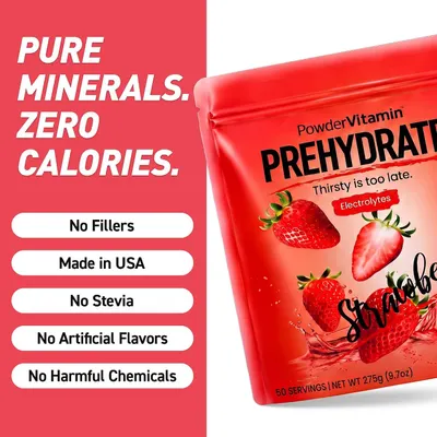 Shows several clean-label and health claims in stacked pill callouts so shoppers quickly see the product is pure, low calorie, and free of fillers and artificial ingredients.