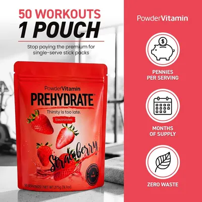 Shows several distinct selling points in segmented panels, including pennies per serving, months of supply, zero waste, and zero calories, to persuade shoppers that the large pouch is a better value…