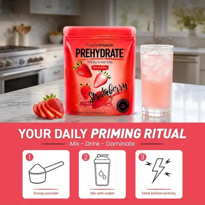 Shows the three simple steps to prepare and use the drink so shoppers understand the daily routine quickly. Reinforces that the product is a simple daily hydration drink that helps users prime…