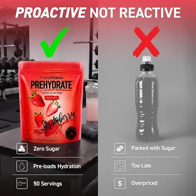Shows the product as the proactive choice versus a sugary bottled drink that is too late, reinforcing superiority over competing options. Lists several product advantages in segmented rows, showing…