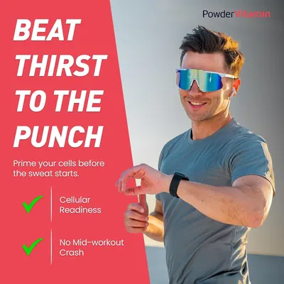 Shows a lifestyle athlete with a bold headline claim that priming cells before exercise prevents thirst and mid-workout crashes. Reassures shoppers the product supports sustained performance.