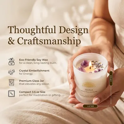 Highlights several product qualities such as clean soy wax, crystal energy, premium jar and compact size to reassure shoppers of quality. Shows the candle's physical dimensions so shoppers know how…