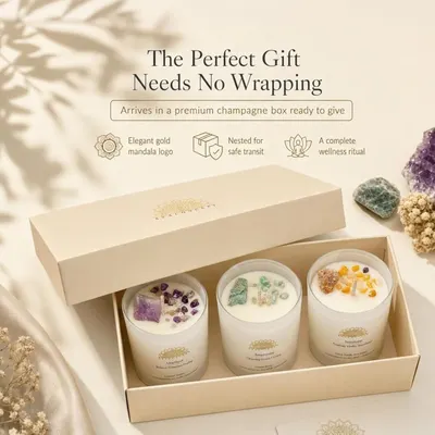 Shows that the three candles arrive together in a premium gift box ready to give without extra wrapping. Positions the set as a gift that needs no wrapping for gifting occasions.