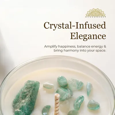 Close-up of the crystal-embedded candle conveys that the crystals add energy and harmony to the space.