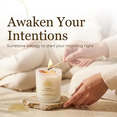 Shows the candle being lit to start the morning ritual, demonstrating simple use. Communicates that Sunstone energy helps start the morning with positivity and vitality.