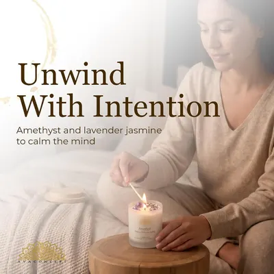 Shows a simple lighting action to begin the calming ritual. Conveys that the amethyst and lavender jasmine candle helps calm the mind.