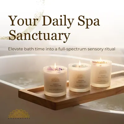 Shows the candles used during bath time to create a spa-like sensory experience. Communicates that the candles elevate bath time into a relaxing daily ritual.