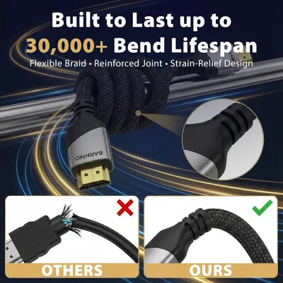 Shows the cable is built to last with a flexible braid and strain relief, contrasted against a competitor cable that frays. Contrasts the frayed competitor cable with this cable's reinforced…