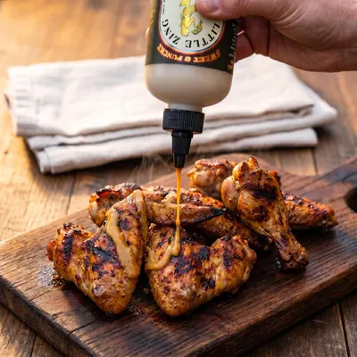 Shows the mustard being drizzled over grilled chicken wings to inspire use in everyday cooking.