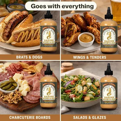 Shows the versatile range of foods the mustard pairs with to encourage broader use.