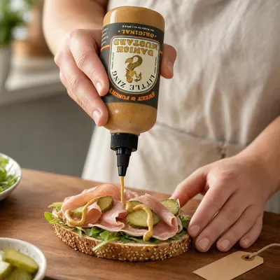 Shows the mustard being drizzled onto a deli sandwich in a real kitchen setting.