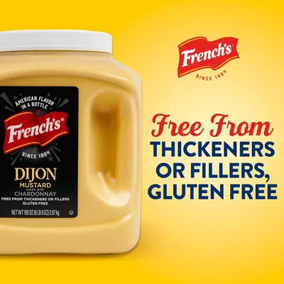Tells shoppers the mustard is free from thickeners, fillers and gluten. Highlights the French's brand heritage alongside the jumbo Dijon product.