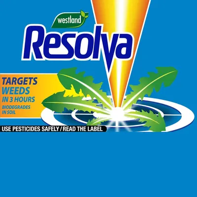 Communicates that the weedkiller targets weeds quickly, working within three hours. Reinforces the Westland Resolva brand identity prominently at the top of the image.